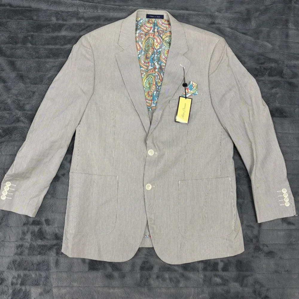 Alan Flusser Mens Seersucker Blazer Charcoal Stripe Cotton Sport Coat 16100 L